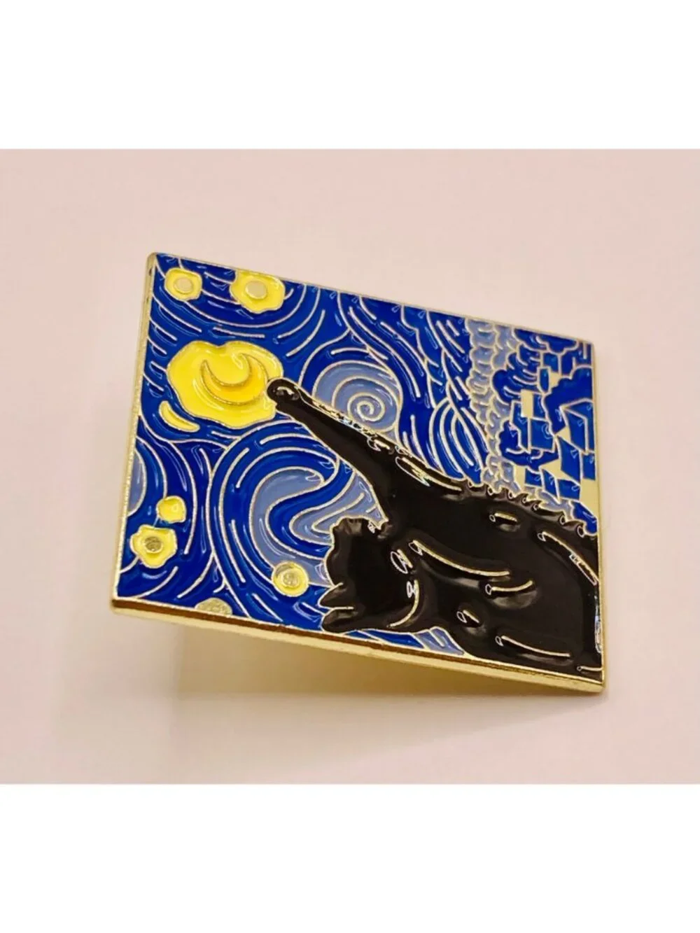 Starry Night Cat Enamel Pin - Black Cat & Moon Design Gold-Tone -35B